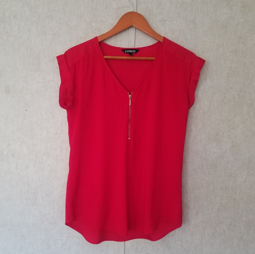 EXPRESS // Red V-Neck Blouse with Gold Zipper